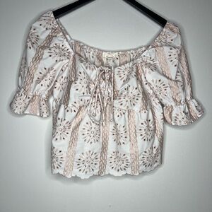 Romantic Embroidered Floral Cropped Puff Sleeve Eyelet Blouse, Size S